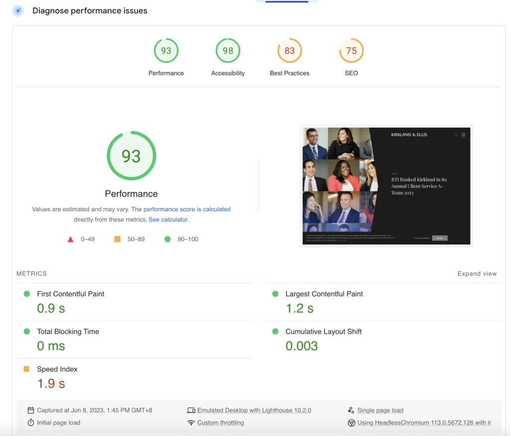 Google PageSpeed Insights for Kirland and Ellis Law Firm