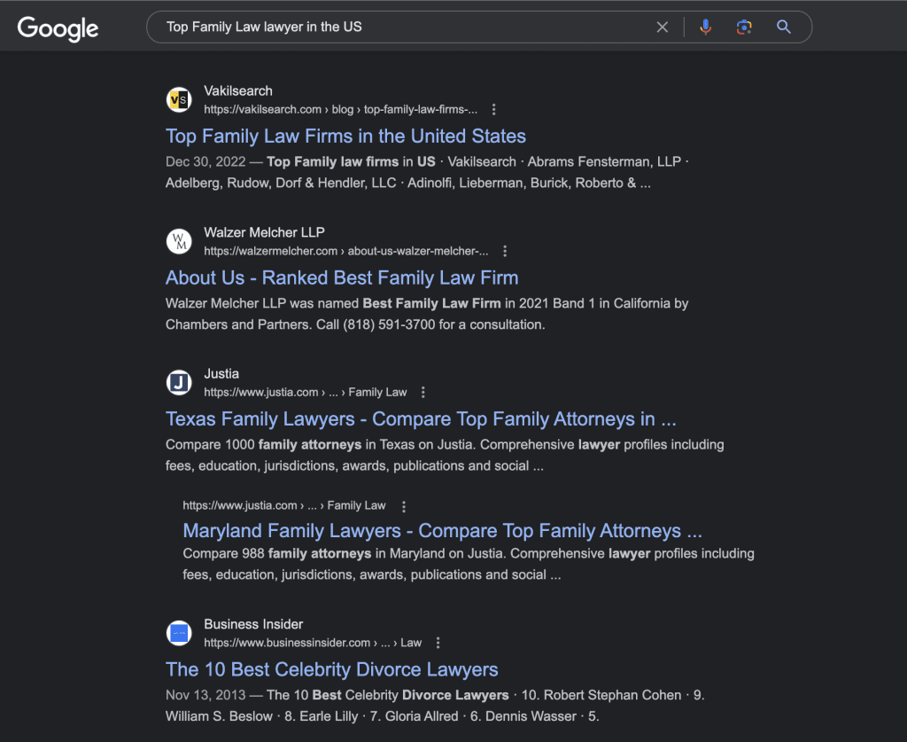 Google Results Page on "Top Family Law Lawyers in the US."
